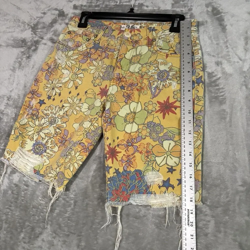 We The Free Yellow Floral Denim Distressed Bermuda Shorts 27 Free People Boho